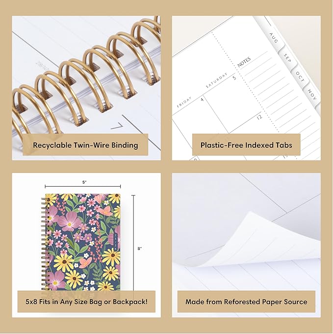 Blue Sky Sustainability 2025-2026 Weekly and Monthly Academic Year Planner Calendar, July 2025 - June 2026, 5" x 8", Flexible Cover From Recycled Plastic, Wirebound, Laminated Tabs, Storage Pocket, Gail