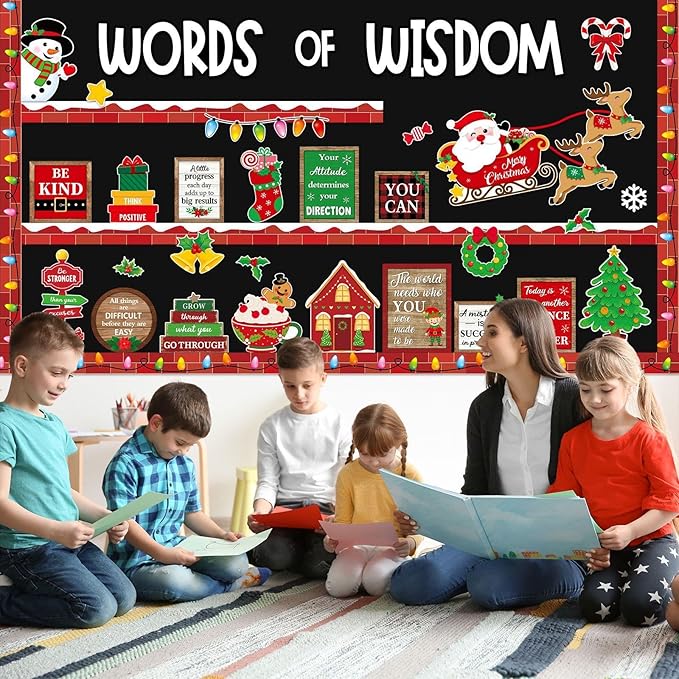 Mooliwe 57 Pcs Christmas Bulletin Board Set Inspirational Bulletin Board Decoration Positive Cutout Classroom Decoration for School Office Home Teacher Classroom Wall Supplies