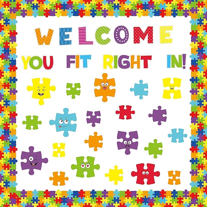 Puzzle Bulletin Board Cutouts Set - 123P Back to School Welcome You Fit Right in Positive Accent Decorations Colorful Puzzle Pieces Borders, First Day of School Student Classroom Wall Decor