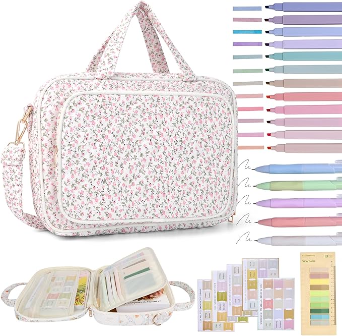 Bible Cover Case for Women Bible Study Supplies Church Camp Essentials Christian Gifts for Women Journaling Kit Quilted Large Bible Book Sleeve (Pink Flowers, Large)