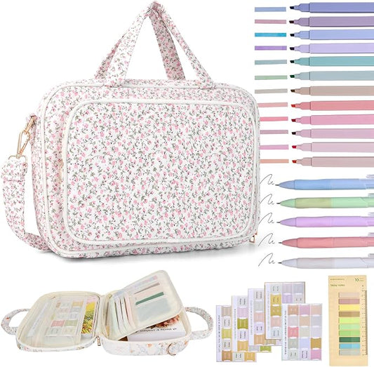 Bible Cover Case for Women Bible Study Supplies Church Camp Essentials Christian Gifts for Women Journaling Kit Quilted Large Bible Book Sleeve (Pink Flowers, Large)