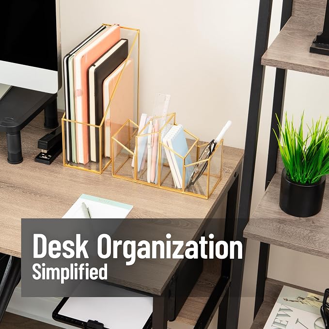 Mind Reader 4-Compartment Angled Glass Pen Holder with Copper Trim, Desktop Organizer for Office Supplies & Accessories, Glass and Copper, Clear