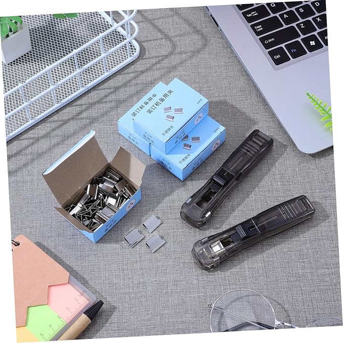 OSALADI Reusable Desktop Stapler and Clip Dispenser Set 200pcs Staple Refills, Black Office Stapler Tool for Document Binding and File Organization, Office and Home Use