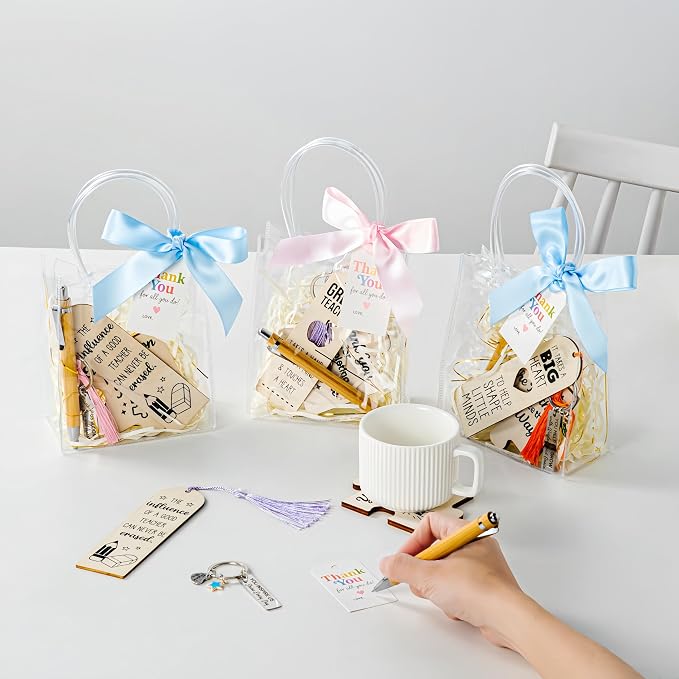 Teacher Appreciation Gifts in Bulk - 4 Pack Desk Gifts for Teachers with Keychains, Bookmarks, Bamboo Pens, Drink Coasters - Thank You Gifts for Teachers - End of Year Teacher Gifts Back to School