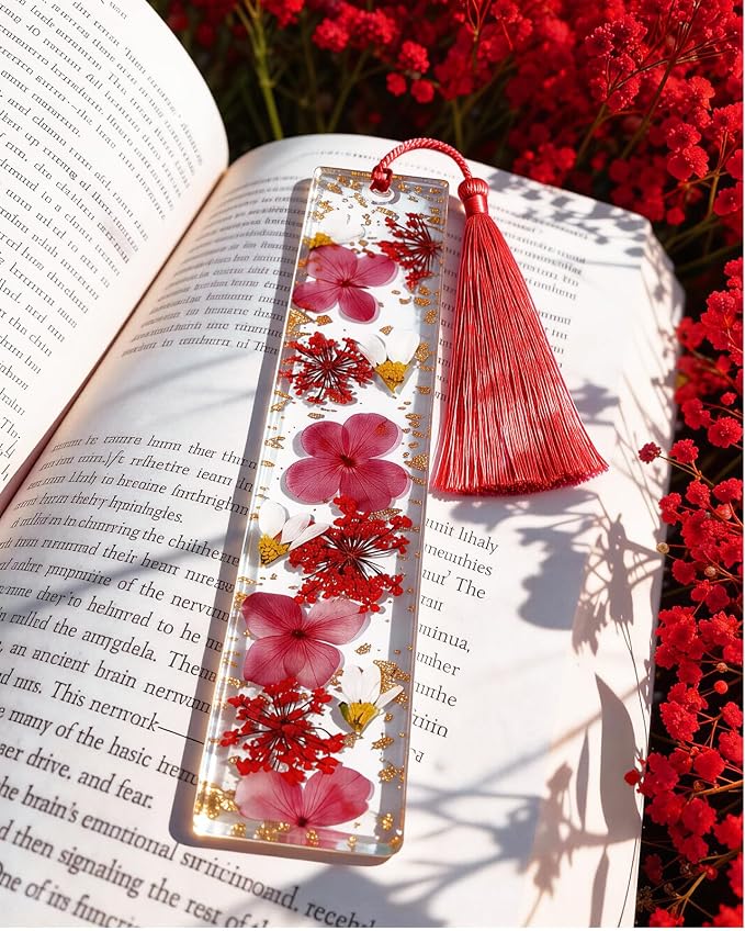 Buleens 2PCS Bookmarks for Women - Pink Blue Book Marks for Readers Book Lovers, Personalized Handmade Dried Flower Resin Pressed Flowers Bookmark with Tassels, Pretty and Aesthetic