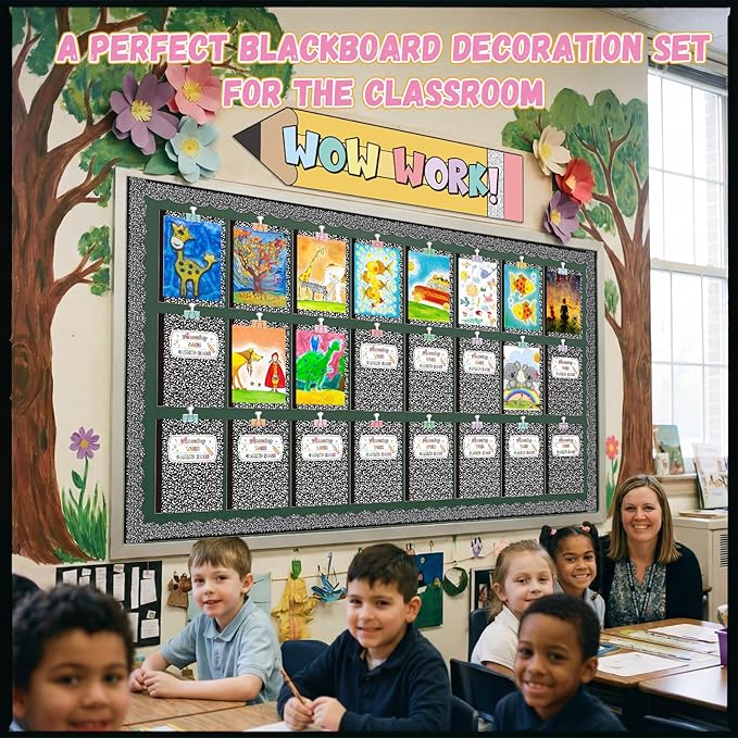 Mooliwe 139 Pcs Student Work Display Bulletin Board Composition Notebook Classroom Decoration Pencil Wow Work Cutouts with Clip Names Display Classroom Wall Decor for Teachers Back to School Supplies