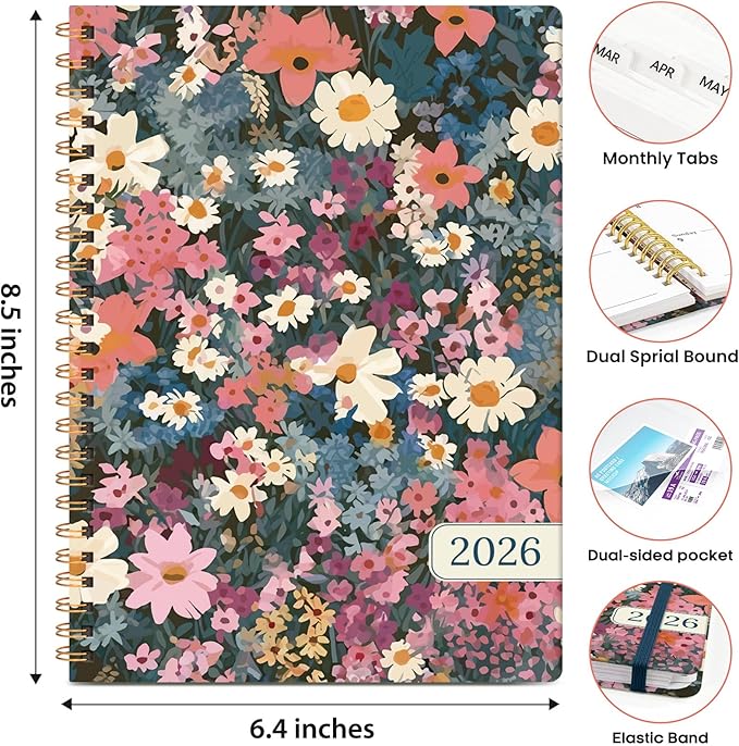 2026 Planner, Weekly and Monthly Calendar Planner Book, January 2026 - December 2026, Hardcover Spiral Planner with Monthly Tabs, Notes Pages, Perfect for Women & Men, A5 (6.4" x 8.5") - Flower