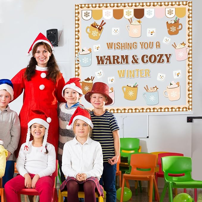 Winter Bulletin Board Set Cocoa Mug Classroom Decorations Hot Cocoa Marshmallow Paper Cutouts for Door Wall Winter Holiday Party Supplies
