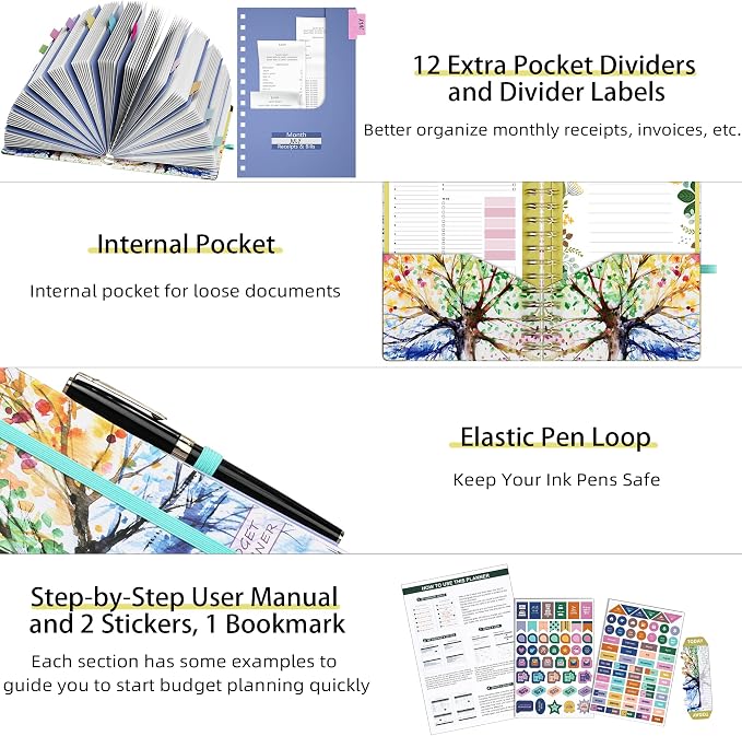 Ospelelf Budget Planner - Budget Book with Bill Organizer and Expense Tracker, 12 Month undated Budget Planner/Account Book to Take Control of Your Money, Start Anytime(Tree Seasons)