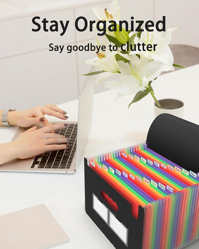 Expanding File Folder, 24 Pocket Accordion A4 Letter Size Portable Document Organizer with Colored Tabs, Expandable Bill Coupon Folder - Black