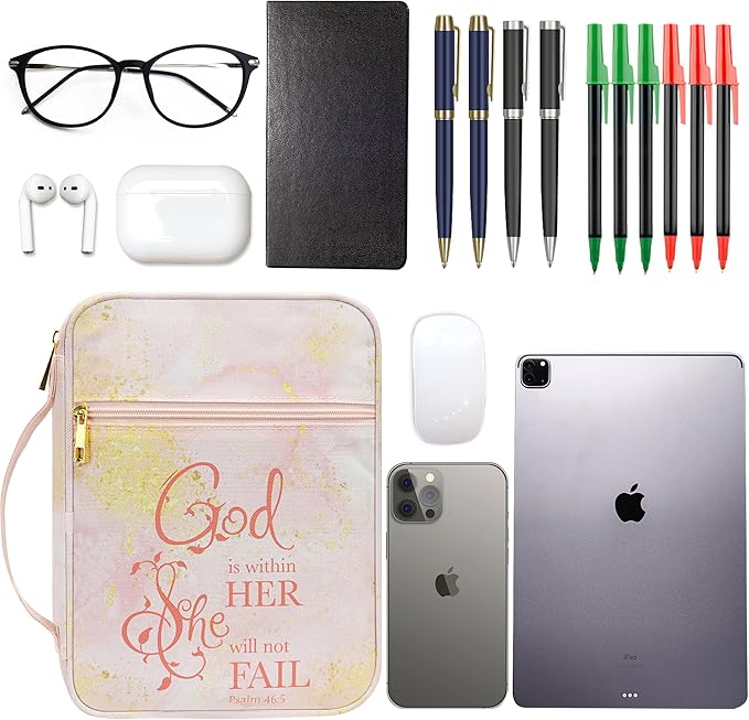 Bible Cover for Women, Bible Holder, Bible Cover Carrier Carrying Organizer Bag, God is Within Her She Will Not Fall, Zipper and Pockets for Standard Size Bible, Gift for Women（Pink Marble）