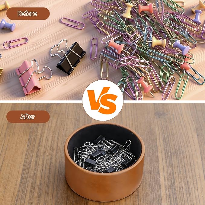 Premium Leather Paper Clip Holder for Desk - Round Brown Paperclip Dispenser Organizer, Shatterproof Desk Accessories Binder Clip Holder for Push Pins, Hair Clips, Trinkets & Jewelry