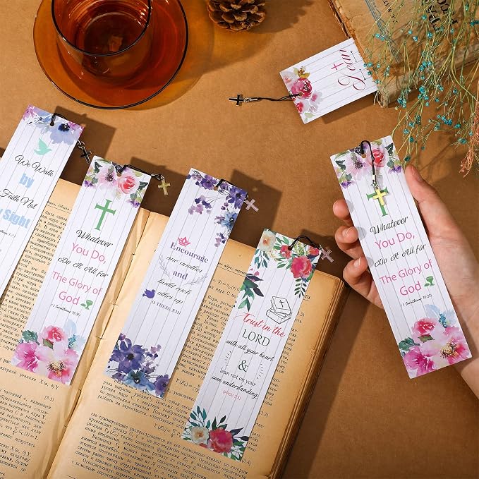 Tenare 20 Pcs Christian Bible Bookmarks for Women, Inspirational Verses Bookmarks with Cross Pendants, Religious Gifts for Women Men Reading Lovers(Watercolor Floral Style)