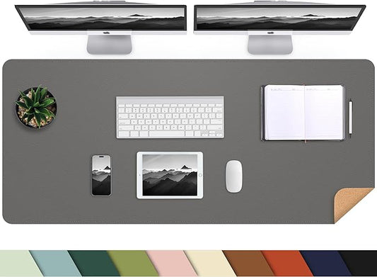 AFIING Leather Desk Pad Protector, 47" x 17" Large Desk Mat with Natural Cork & PU Leather, Mouse Pad, Non-Slip, Waterproof Desk Writing Pad for Office and Home (Dark Grey)
