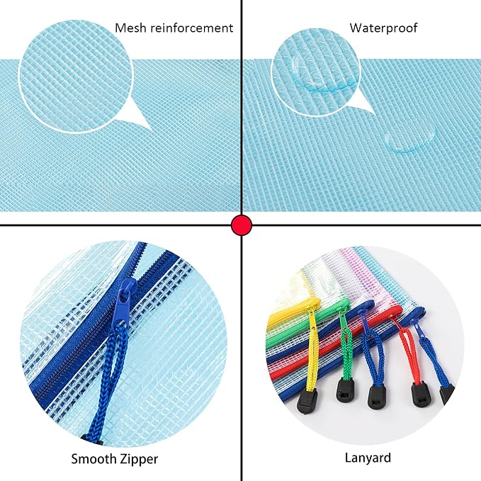 Mesh Document Bag Set of 10, Waterproof Zipper Pouch / A4 Size Zip File, for Household Daily Storage School Office M-D-2B (Blue, A3 (17×12 Inch))