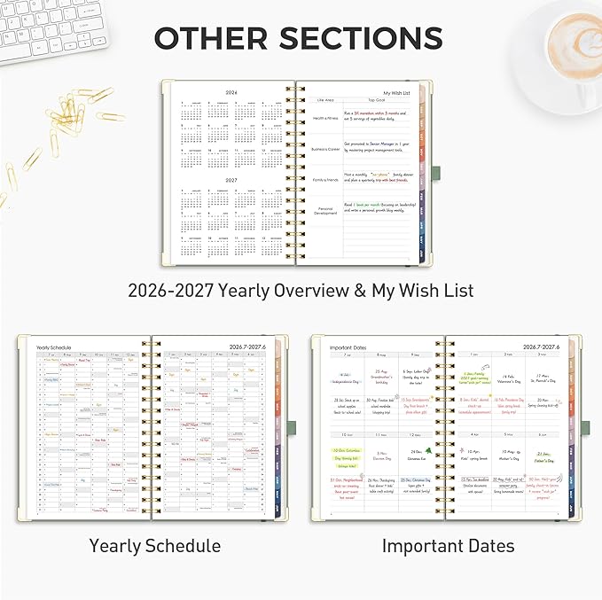 RETTACY Academic Planner 2026-2027, Weekly and Monthly, July 2026 - June 2027, Medium Size (5.7" x 8.3"), Calendar, Agenda, 12-Month Tabs, Hardcover, for Student, Teacher, School (Light Green)