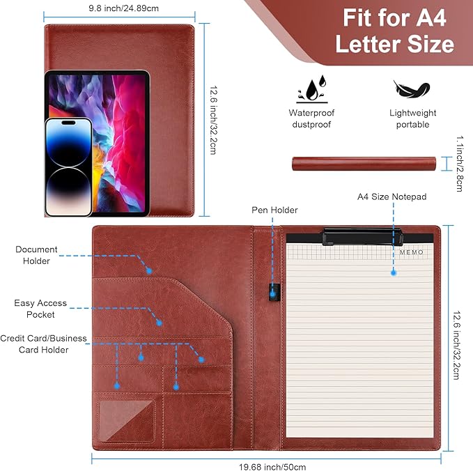 Clipboard Padfolio with Storage Pocket, Clipboard Folder Portfolio Organizer,360 Degree Foldable Clipboards with Refillable Notepad,Faux Leather Padfolio Organizer for Office School Supplies-Red Brown
