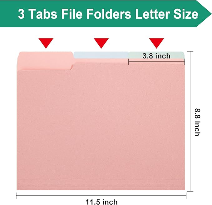 pmybupo Pink File Folders with Tabs –Colored File Folders,1/3 Cut Top Tabs,Letter Size,Durable 11pt Paper,Two Tone, Assorted Colors,Bulk 100 Pack