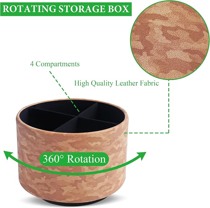 Round Leather Art Supply Organizer,Remote Control Holder,360 Degree Rotating,Multi-Functional Pencil Holder,4 Compartments Desktop Stationary Organizer(1-Camouflage Brown)