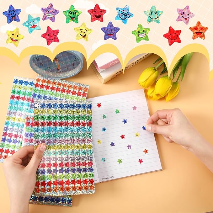 Janyun 6750 Star Stickers, 15 Designs Reward Smile Face Stickers for Kids, Glitter Foil Star Labels for School Students Teacher Supplies