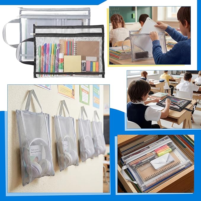 12 Pcs A4 Mesh Zipper Pouch Bags with Handles Black and Gray Double Layer Nylon Document Organizer Pouch for School Office Portable Games Toy Storage Bags for Building Blocks