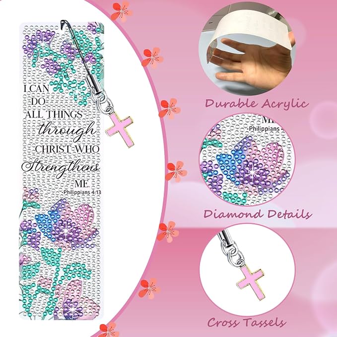 8PCS Diamond Painting Art Bookmarks,Cute Acrylic Bookmarks Crafts Kits Gifts with Pendants for Adult Women Book Lovers (Flower)