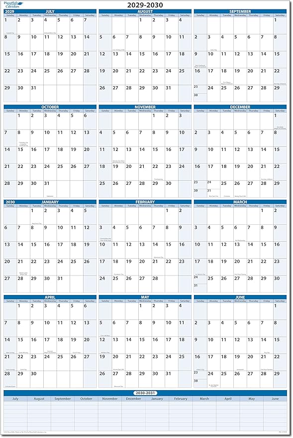 Fiscal/Academic Split Year July 2029 to June 2030 Vertical 12 Month Wall Calendar 36" x 24" - Dry & Wet Erasable with Next Year Planner Area. Complete with Fine tip Dry-erase Marker and Eraser