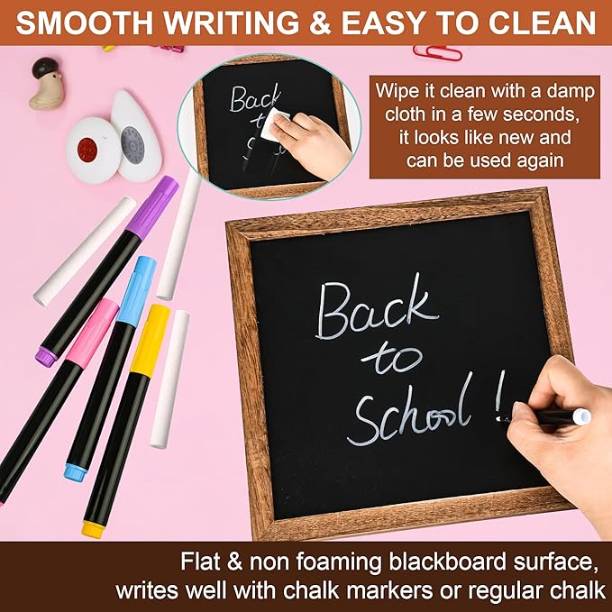 10" x 10" Double Sided Chalkboard Sign with Stand, Small Chalk Board Blackboard Wood Frame Felt Letter Board with 12 Chalk Markers and 340 Letters (Brown)