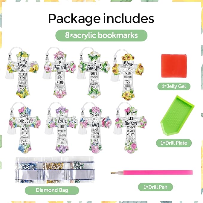 8 Pieces Christian Bible Verse Diamond Art Bookmarks 5d Christian Beaded Bookmark Acrylic Tassel Bookmark for DIY Making Beginners Adults Arts Craft Supplies (Floral)