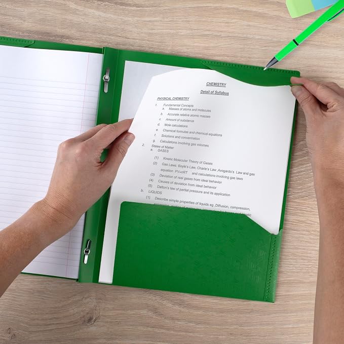 Five Star 2-Pocket Folder, Plastic Folder with Stay-Put Tabs and Prong Fasteners, Holds 8-1/2" x 11" Paper, Forest Green (72111)