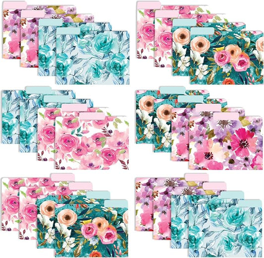 Global Printed Products Deluxe Designer Printed File Folders, 1/3 Cut Tab, Assorted Positions, Letter Size, 24/pk (Floral)