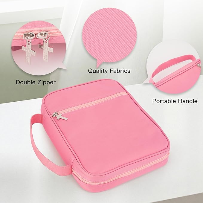 Bible Cover with Durable Handle, Carrying Book Case Church Bag Bible, Protective with Zippered Pocket, Bible Study Accessories Supplies, Gift for Mother Lady Women Men(Pink)