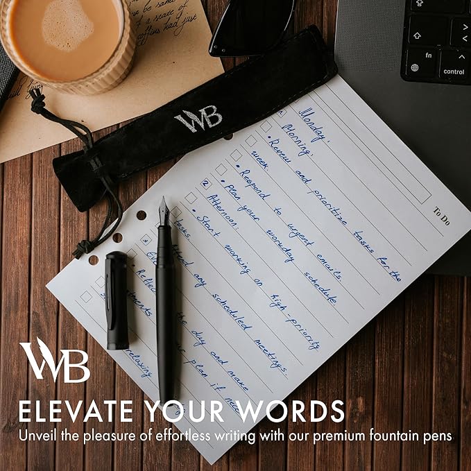 Wordsworth & Black Fountain Pen Set, 18K Gilded Extra Fine Nib, Includes 24 Pack Ink Cartridges, A Refill Converter & Gift Pouch, Calligraphy, [All Black], Perfect for Men & Women