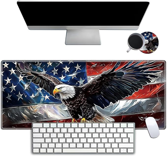 Mouse Pad Gaming Mousepad 31.5x11.8 Inch XXL Large + Coasters,Desk Mat with Stitched Edges, Non-Slip Rubber Base, Thick Mouse Pad for Computer, Laptop, Office & Home - American Flag Eagle