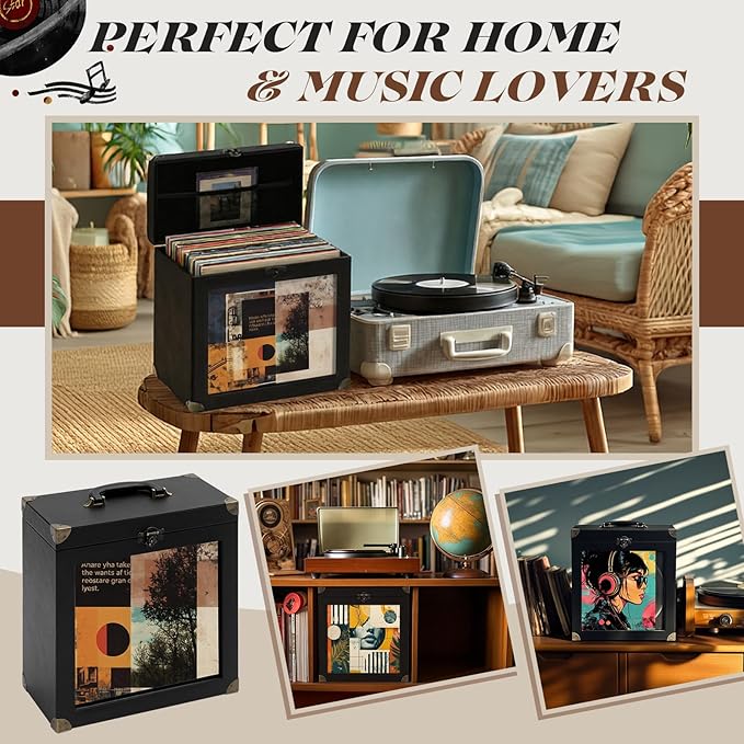 Amyhill Vinyl Record Storage Box with Display Window, Holds 30-35 Single Records 7/10/12 Inch Albums, PU Leather Record Case with Lid & Handle, Water-resistant Lp Storage for Records(Black,PU)