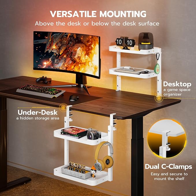 ARES WING 2-Tier Clamp On Desk Shelf, 16 inch Adjustable Above or Under Desk Storage Shelves Holds 66 lbs, Heavy Duty Desktop Organizer with Headphone Holder for Working and Gaming Accessories, White