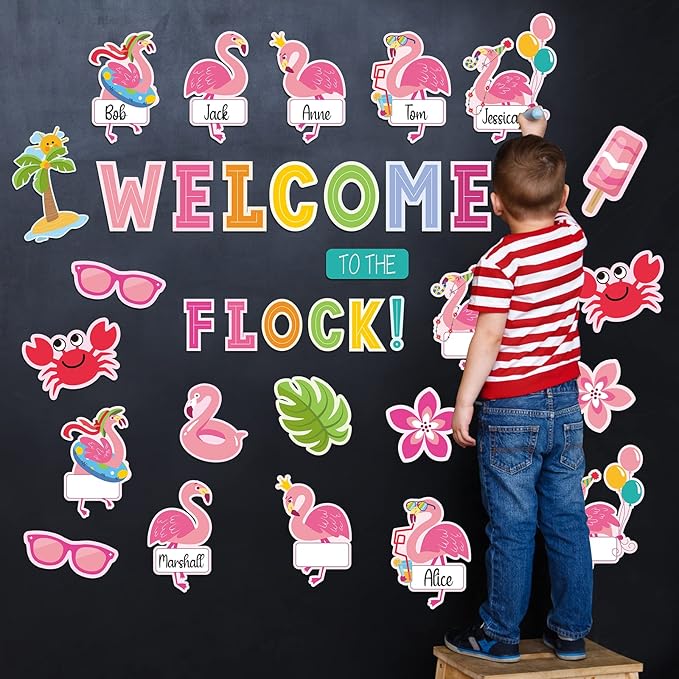 Whaline 59Pcs Flamingo Bulletin Board Decor Tropical Pink Flamingo Classroom Decor Summer Beach Back to School Decoration Welcome to The Flock Cutouts for Hawaiian Luau Party School Classroom