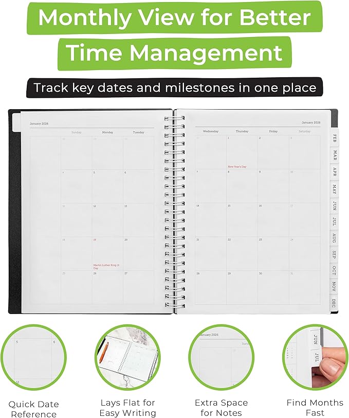 WallDeca 2026 Planner, Agenda Planner With Weekly And Monthly View, Daily Agenda Book And Yearly Planners Calendar Book, Spiral Bound With Tabs, Notes, Goals And Holidays (8 x 6 in)