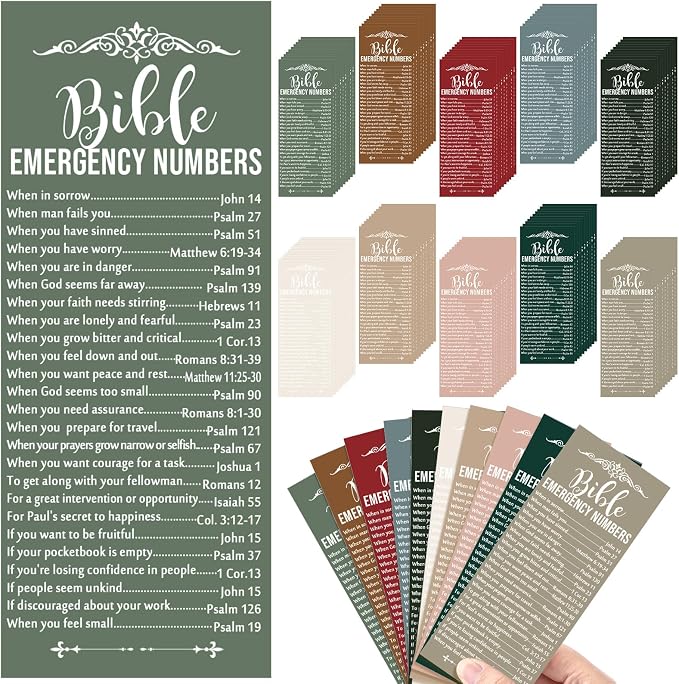 Motiskyy 100 Pcs Christian Bible Verse Emergency Numbers Bookmark Religious Church Gift 2.36 x 6'' Catholic Book of The Bible Card for Mom Women Men Retreat Sunday School(Multicolor)