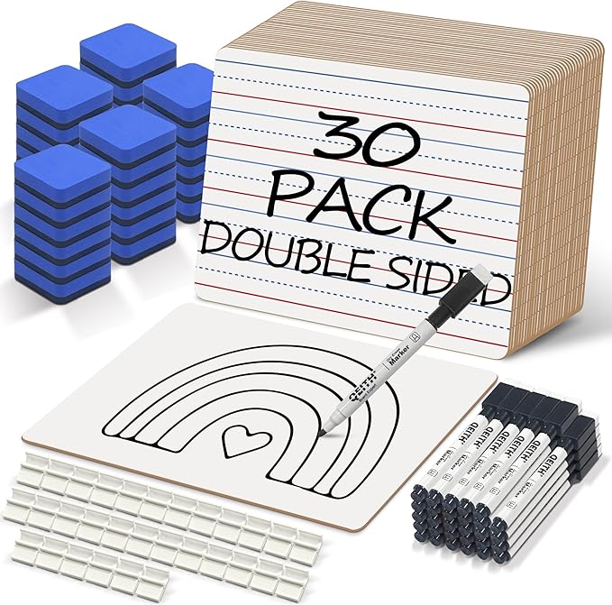 Dry Erase Boards, 30 Pack 9 x 12 Inch Mini Portable Practice White Boards with 30 Markers, 30 Erasers, Double Sided Personal Small Whiteboards with Lines for Kids, Students, Teachers Classroom School