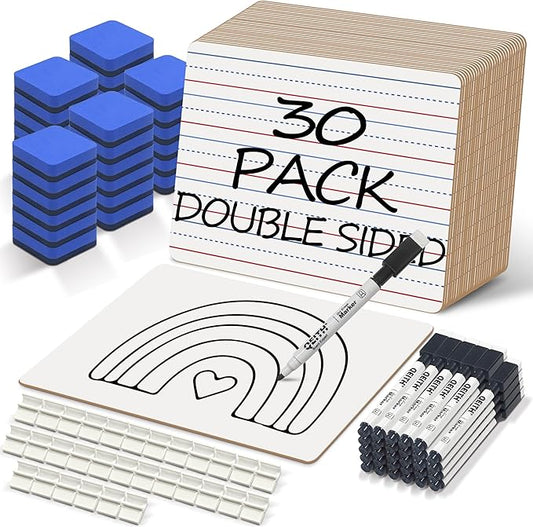 Dry Erase Boards, 30 Pack 9 x 12 Inch Mini Portable Practice White Boards with 30 Markers, 30 Erasers, Double Sided Personal Small Whiteboards with Lines for Kids, Students, Teachers Classroom School
