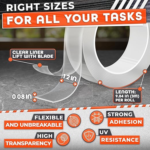 Clear Double Sided Tape Heavy Duty - Acrylic Adhesive 9.84 Ft x 1.2" with 2.2 Lb Hold, Removable No Residue, Weather Resistant - Strong Two Sided Tape Heavy Duty for Wood, Glass, Metal & DIY Projects
