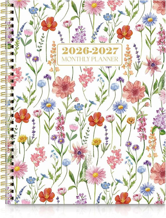 SKYDUE Monthly Planner 2026-2027, 24 Months Calendar Planner 2026-2027, 7.5" x 10" B5 Planner, Twin-wire Spiral Bound, Durable Waterproof Cover, Thick No-Bleed Paper, Floral