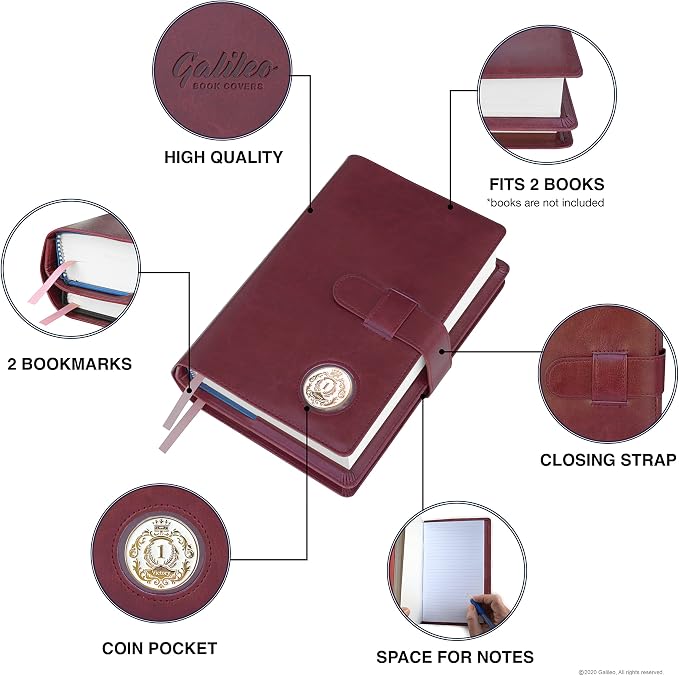 GALILEO® Double AA Big Book Cover & 12 Steps & 12 Traditions | Medallion Holder | AA Gift | Alcoholics Anonymous | PU Leather | AA Book Covers for Hardcover (Plain/Coin Pocket/Burgundy)