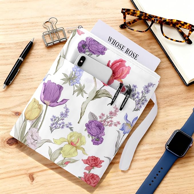 Book Sleeve with Zipper, 11''x 9'' Waterproof Paperback Sleeve for Book Lovers Books Pouch Cover with Handle for Hardcovers Kindle Sleeve for Reader Teacher Women (Pinkish-Purple Flowers, 11x 9 inch)