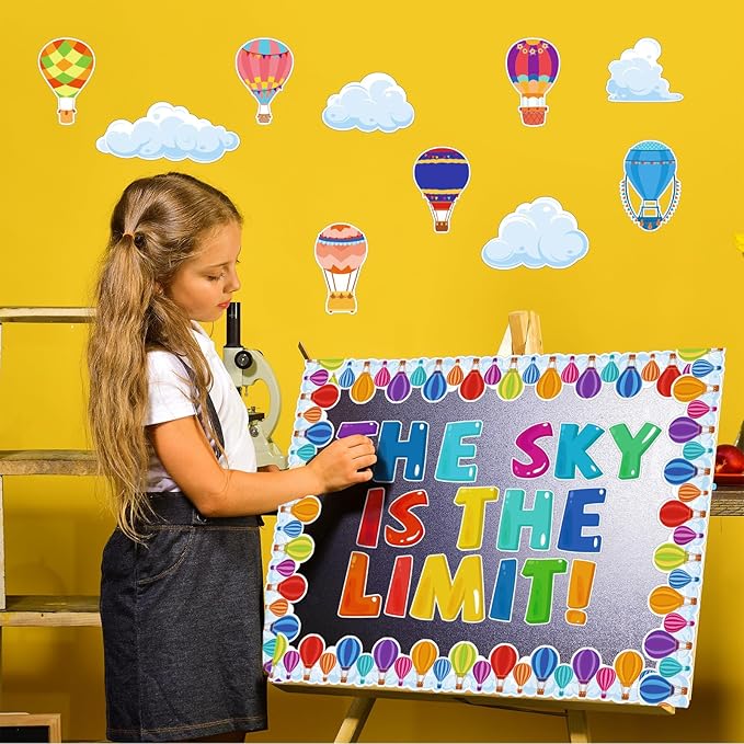 Kepeel Hot Air Balloon Classroom Bulletin Board Decorations with Inspirational Sayings, The Sky is The Limit Art Cutouts for Kids Back to School Kindergarten Classroom Office Nursery Party Supplies