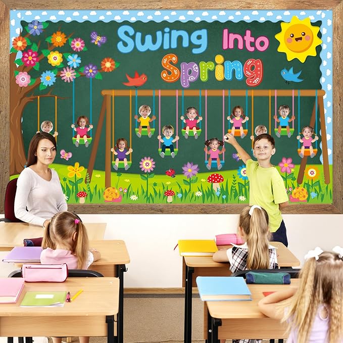 70Pcs Spring Bulletin Board Classroom Decorations Swing into Spring DIY Photo Cutouts Decoration Swing Flowers Butterflies Birds Trees Paper Cutouts for Classroom Office Chalkboard Wall Door Decor