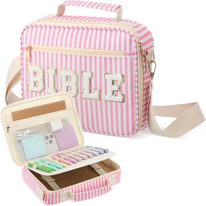 Dansydaisy Bible Cover Case for Women Large Chenille Letter Stripe Church Bible Bag with Shoulder Strap for Women(Pink)