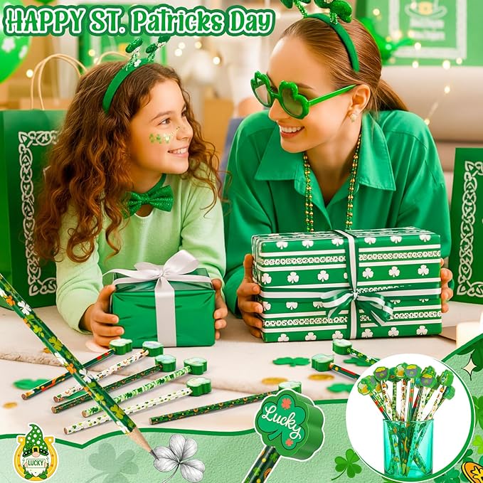Gersoniel 36 Pcs St. Patrick's Day Pencils Set 18 Green Shamrock Pencils 18 Irish Rubber Erasers Clover Leprechauns Wood Stationary for Kids Party Favors Office School Classroom Gift Exchange (Irish)