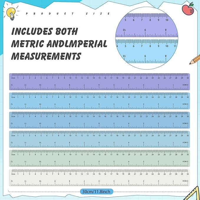 60 Pcs Plastic Clear Rulers 12 Inch, Transparent Assorted Color Ruler Bulk, with Imperial and Metric Scales for Home Office Supplies, Available in 6Colors(Ocean Colors)